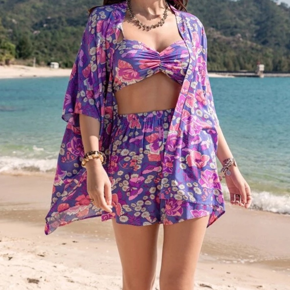 Boho Floral Print Shorts Cover up Set - Picture 2 of 5